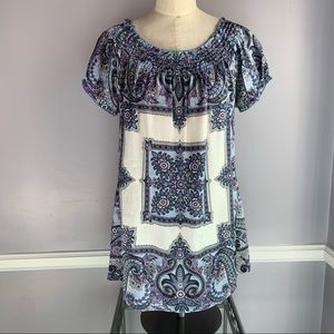 INC purple and blue paisley medallion print silk tunic blouse with puff sleeves
